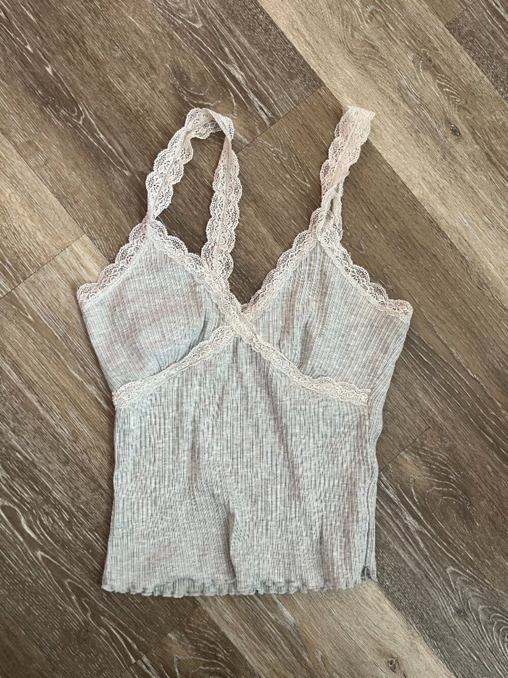 Light Gray Ribbed Cami with White Lace Trim and Curled Hem, PJ/Lounge